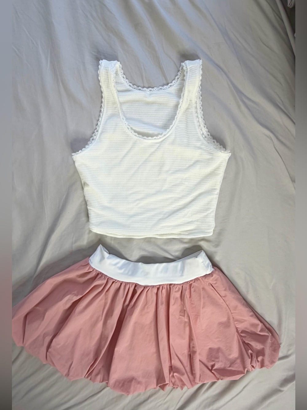 White Lace-Trim Tank Top & Dusty Pink Tennis Skirt Set
